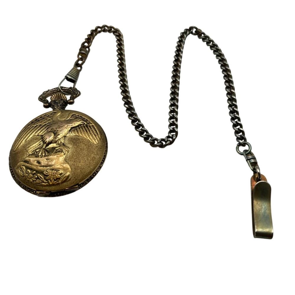 Vintage Watch-It Eagle Mens Pocket Analog Quartz Watch Fresh Battery -Clip Chain